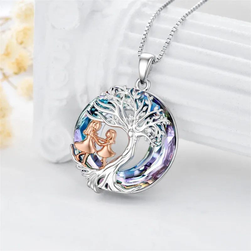 Tree of Life Sister Necklace 925 Sterling Silver Friendship Crystal Pendant Necklace Gifts for Women Girls