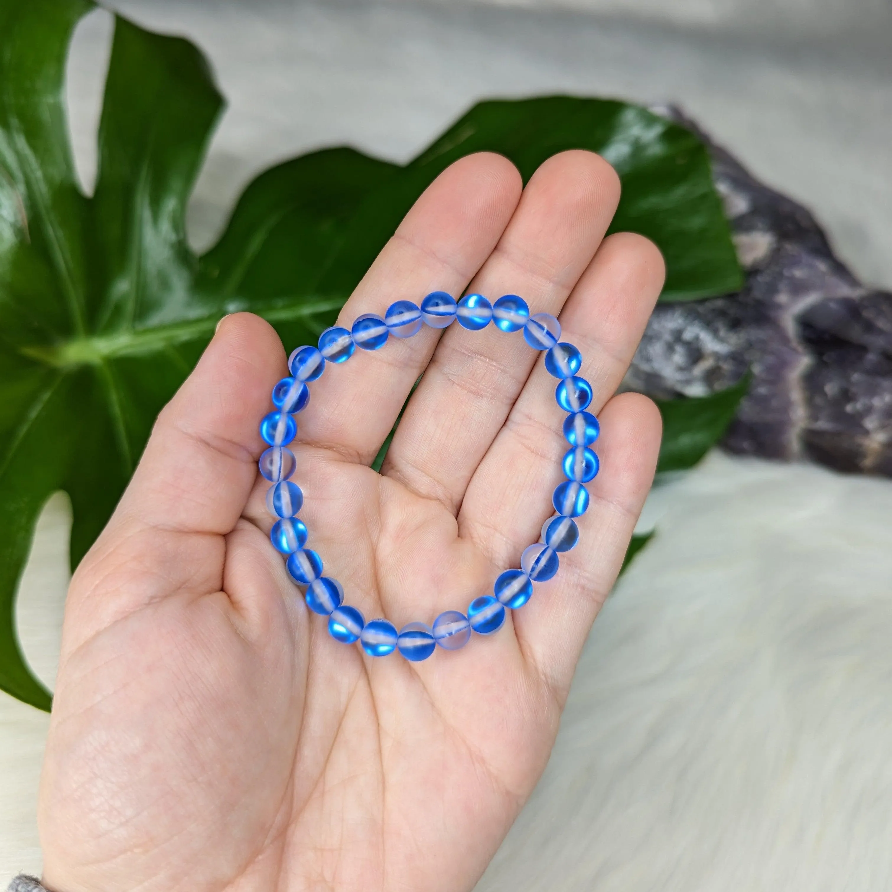 True Blue Mermaid Glass Stretch Bracelet ~ Rainbow Iridescent Glow