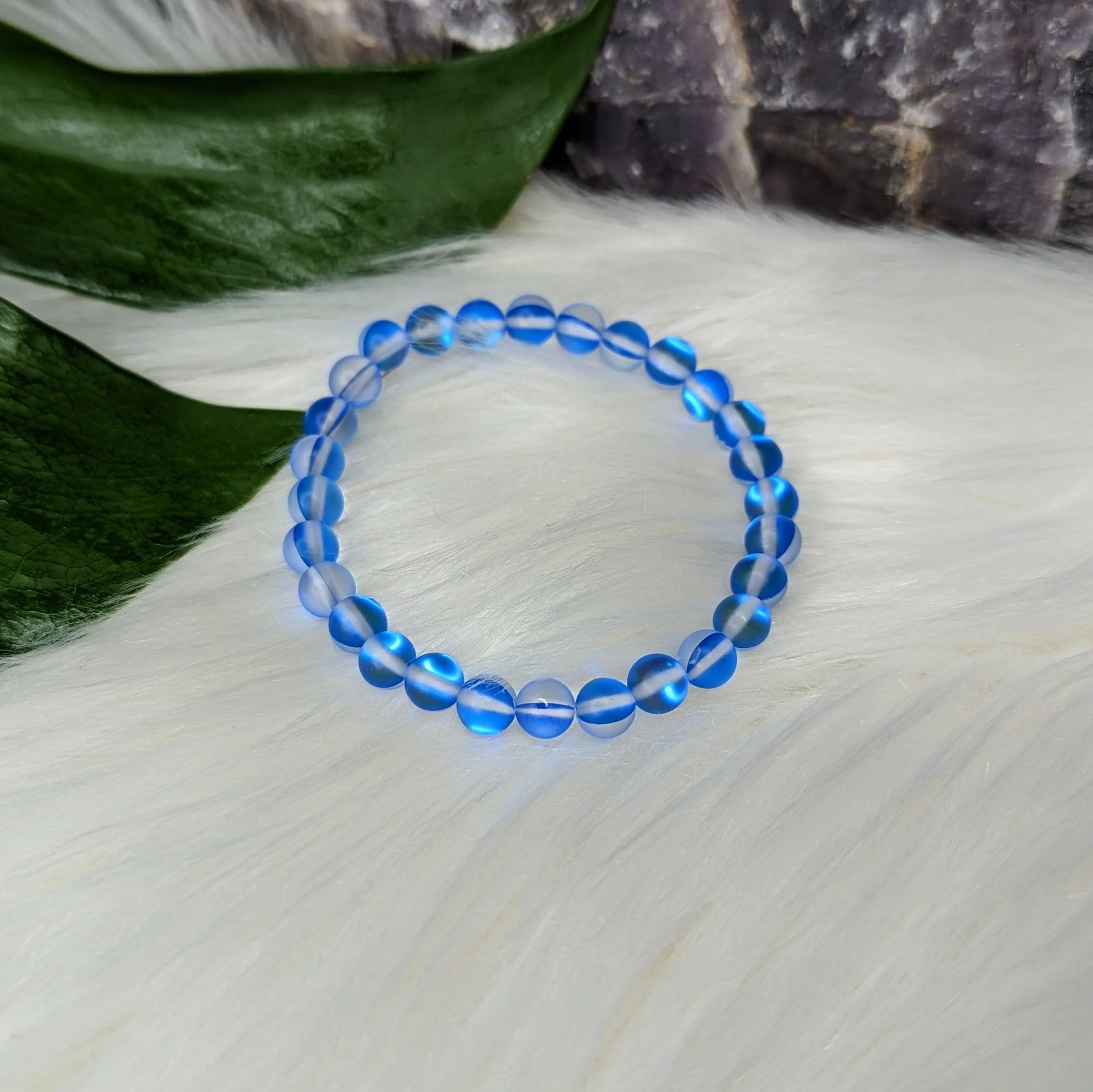 True Blue Mermaid Glass Stretch Bracelet ~ Rainbow Iridescent Glow