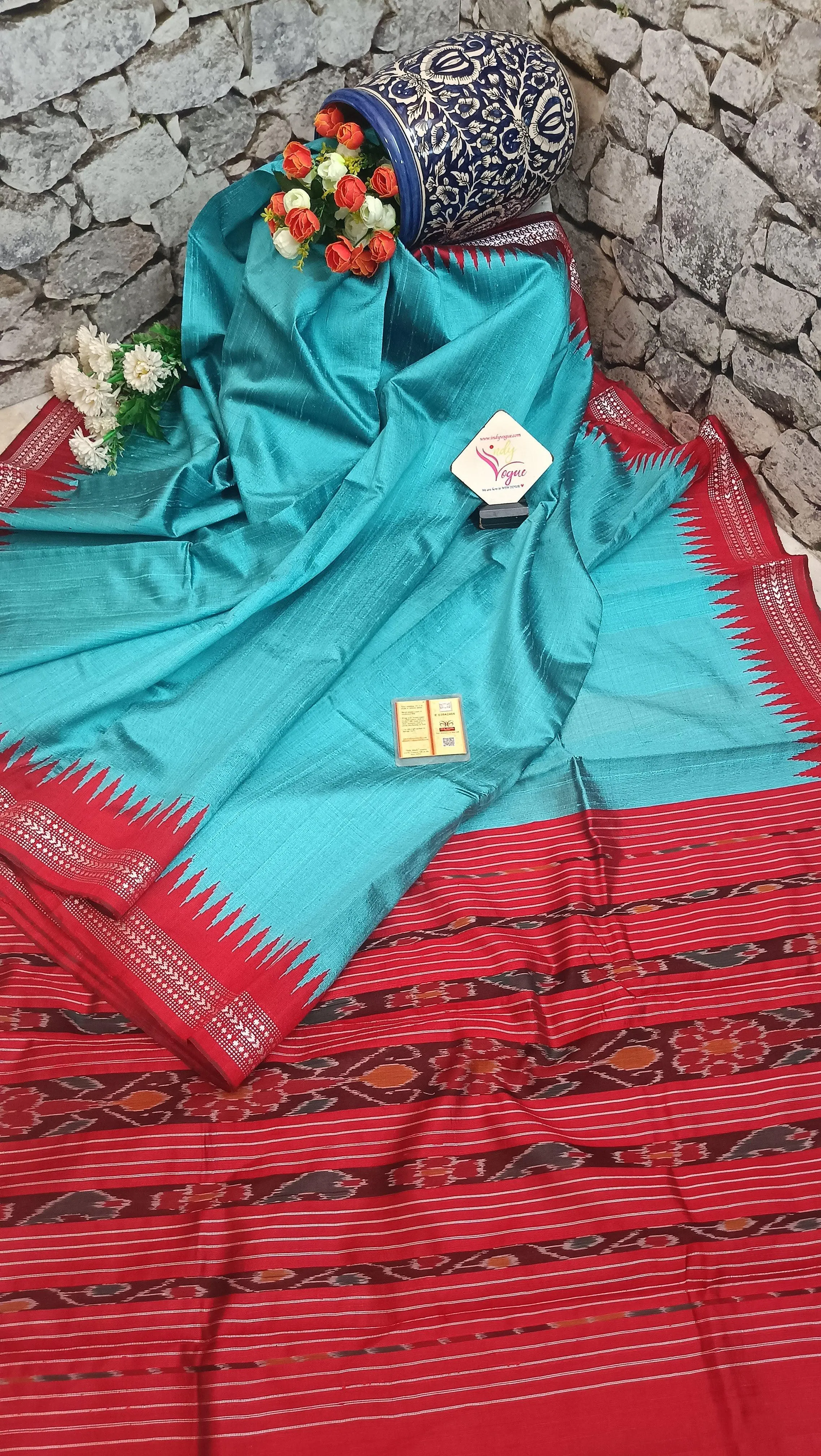 Turquoise Blue and Red Color Pure Raw Silk with Ikkat Pallu and Vidharbha Border