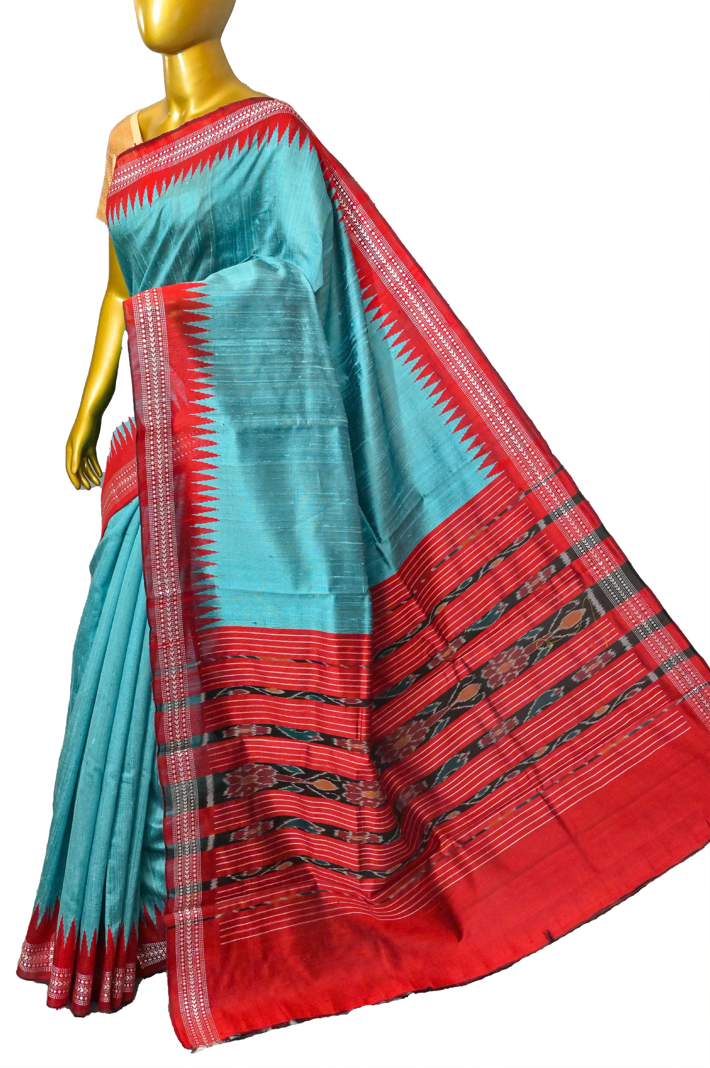 Turquoise Blue and Red Color Pure Raw Silk with Ikkat Pallu and Vidharbha Border