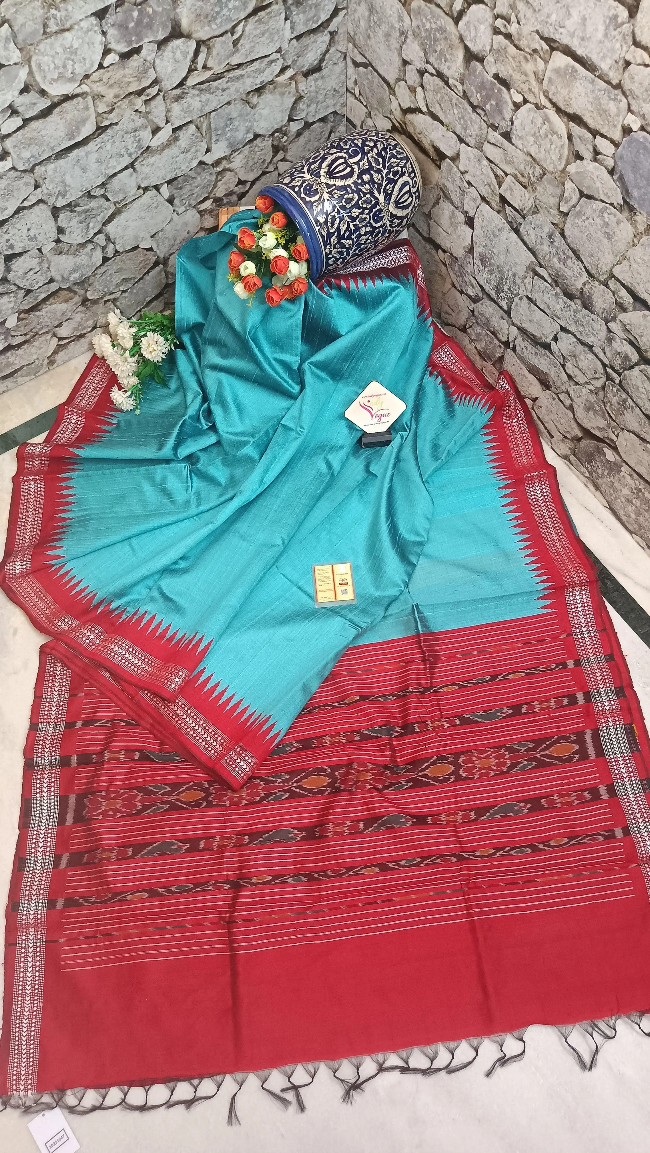 Turquoise Blue and Red Color Pure Raw Silk with Ikkat Pallu and Vidharbha Border