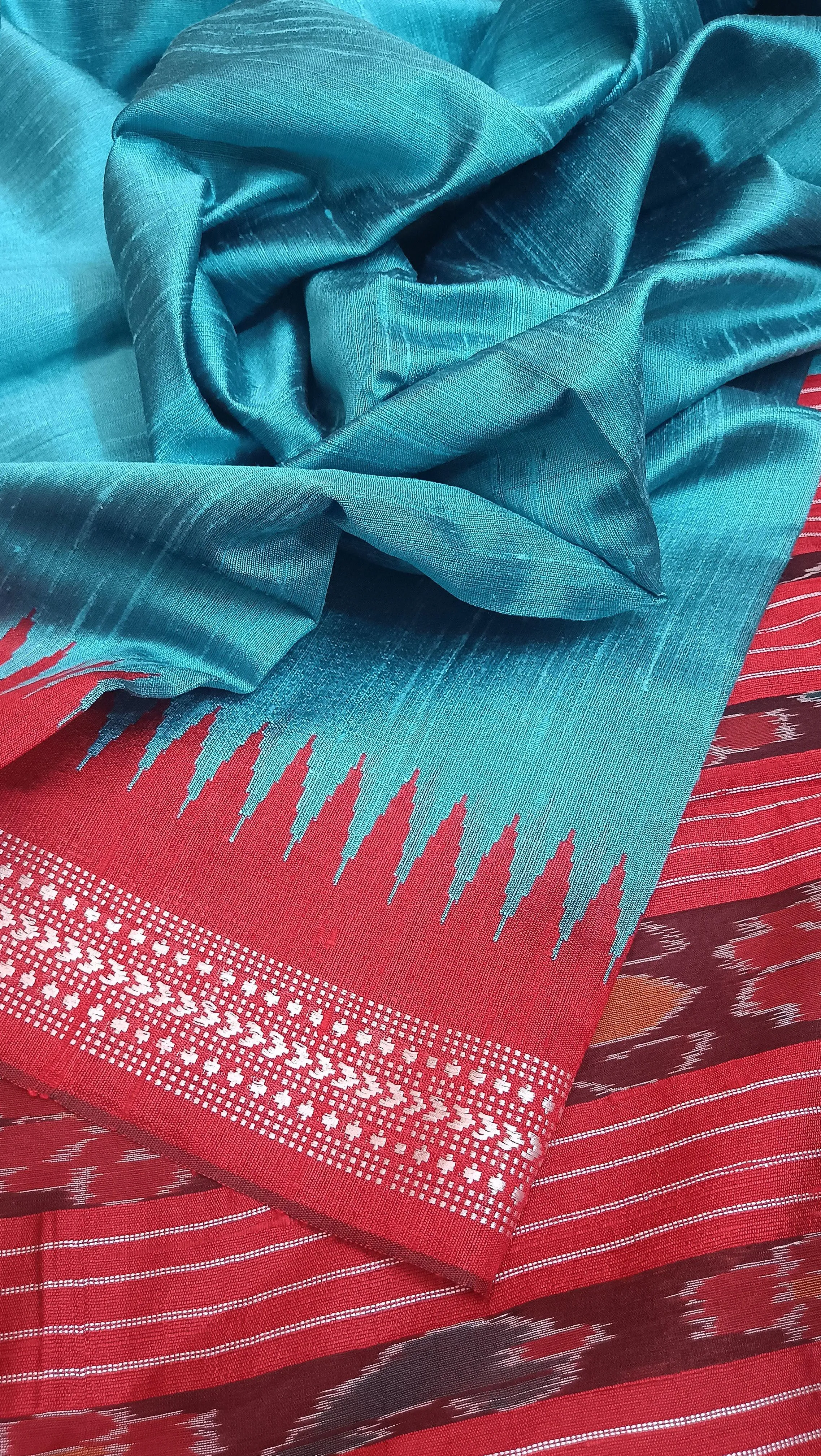 Turquoise Blue and Red Color Pure Raw Silk with Ikkat Pallu and Vidharbha Border