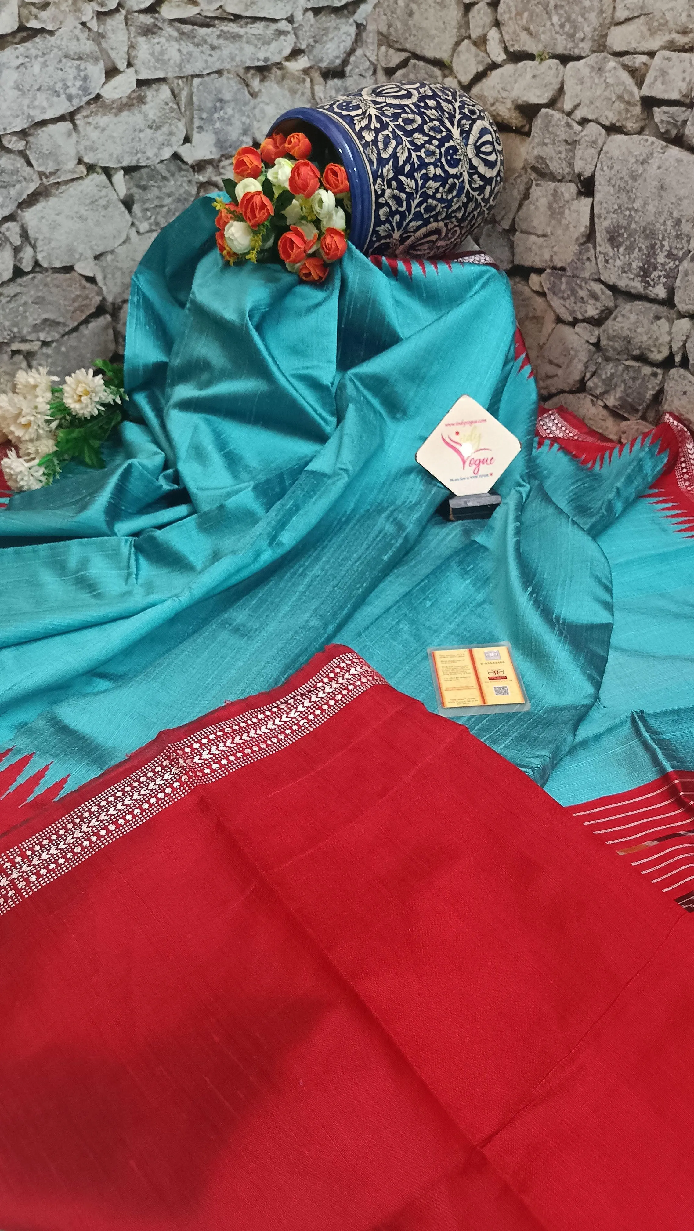 Turquoise Blue and Red Color Pure Raw Silk with Ikkat Pallu and Vidharbha Border