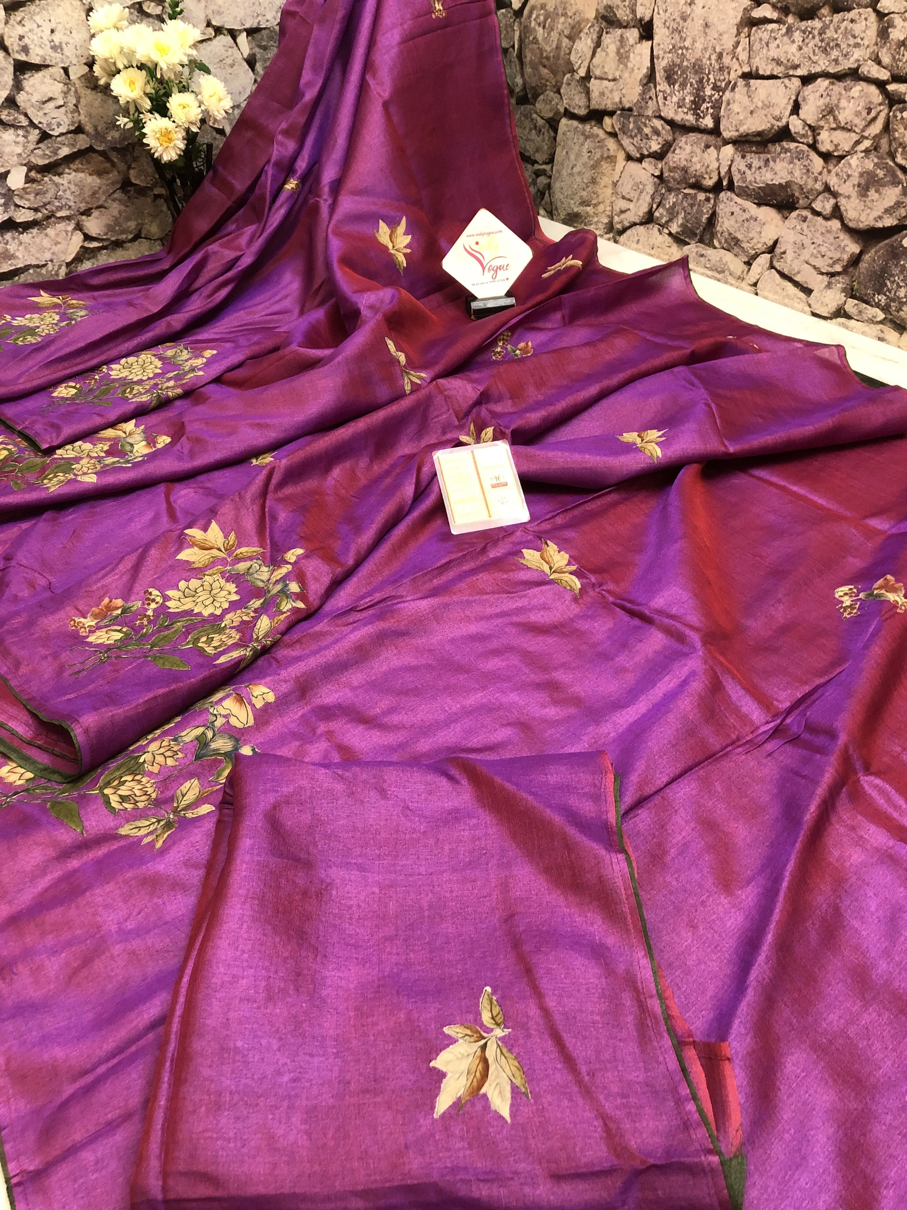 Violet Color Tussar Silk Saree with Kalamkari Patch Work