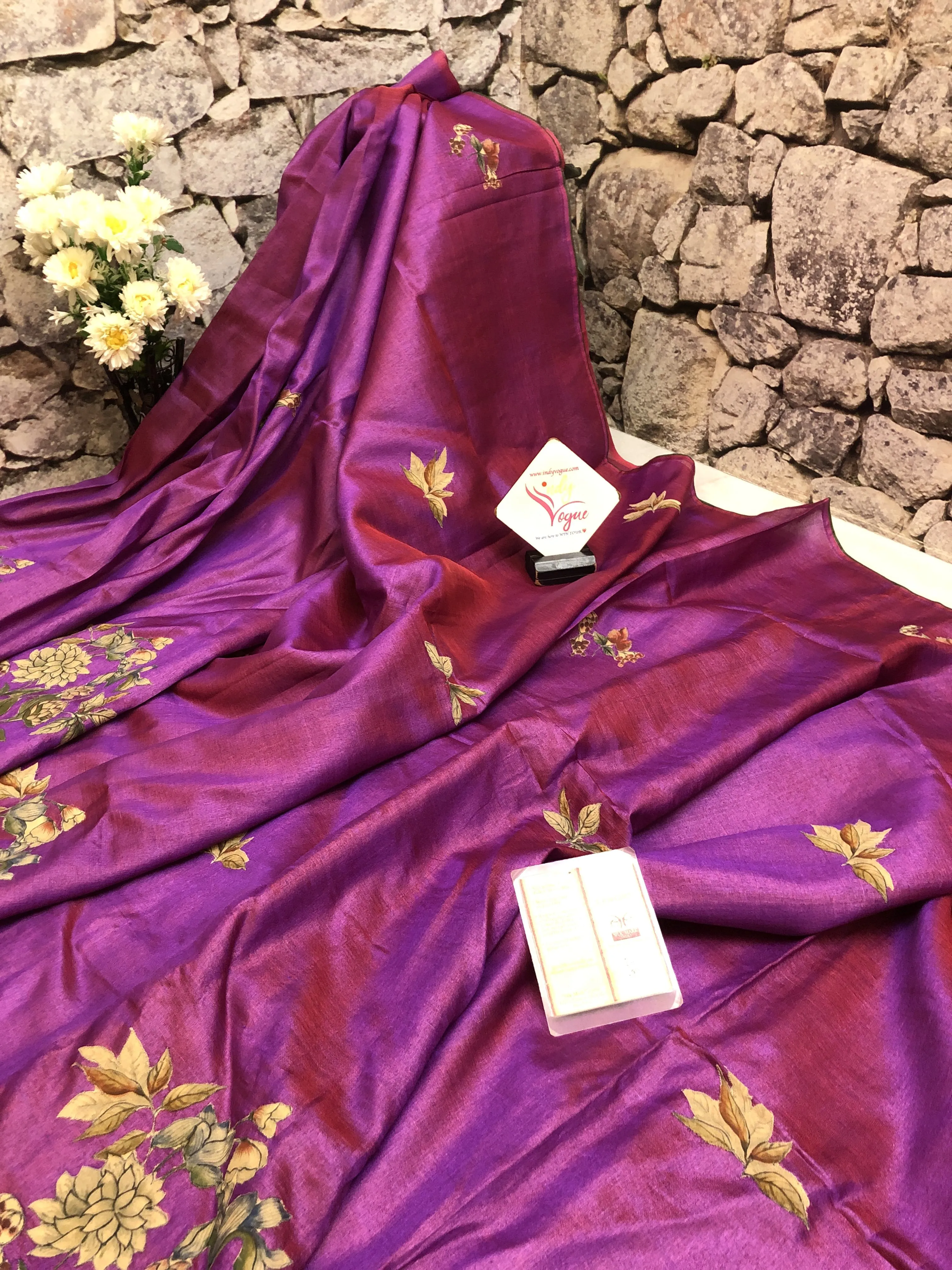 Violet Color Tussar Silk Saree with Kalamkari Patch Work