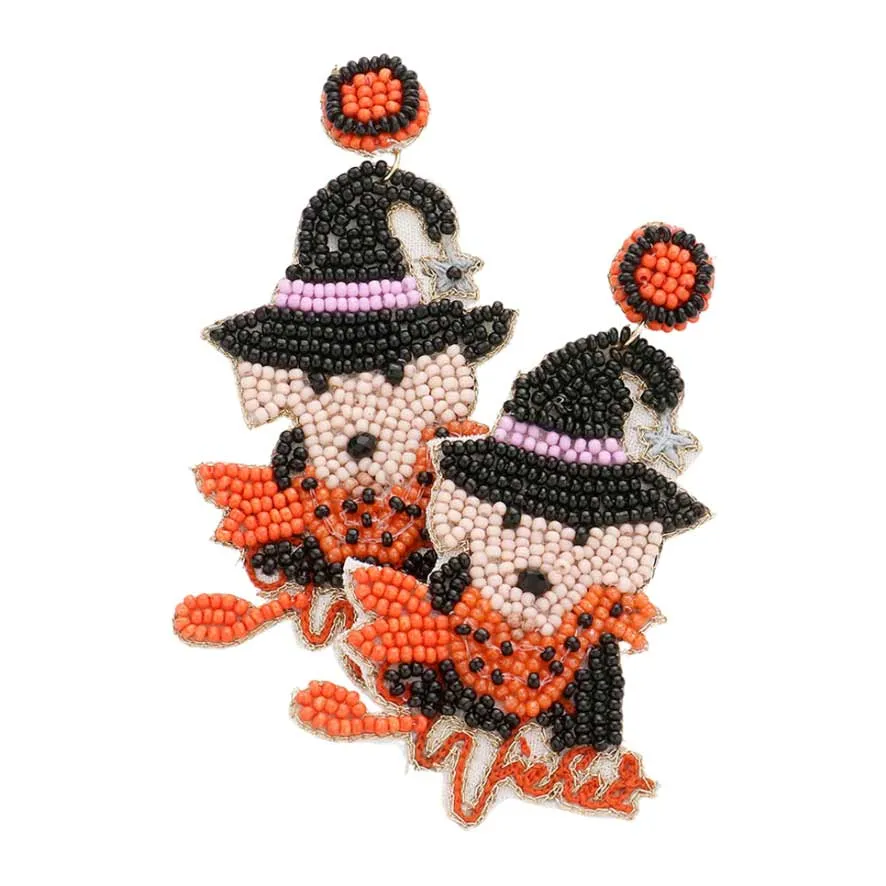 Witch Message Felt Back Seed Beaded Hat Dog Dangle Earrings