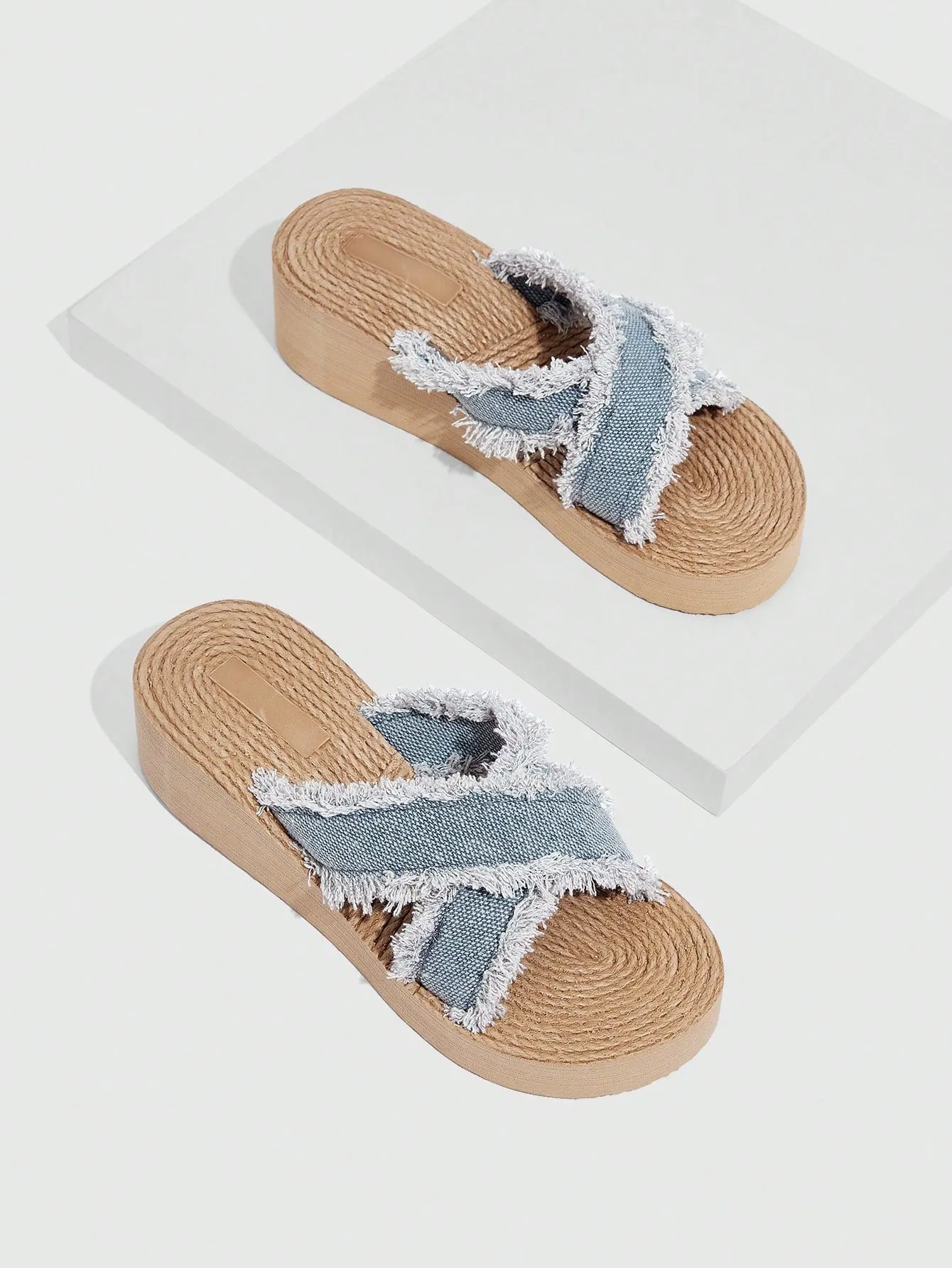 Women Criss Cross Raw Trim Slides, Vacation Summer Denim Slippers