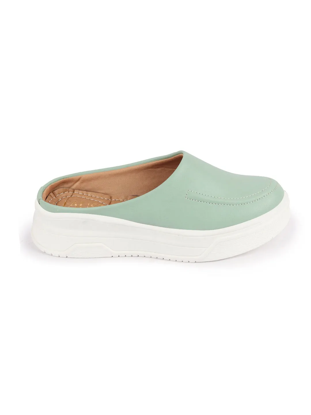 Women Pista Green Outdoor Fashion Stitched Design Open Back Platform Heel Slip On Casual Shoes