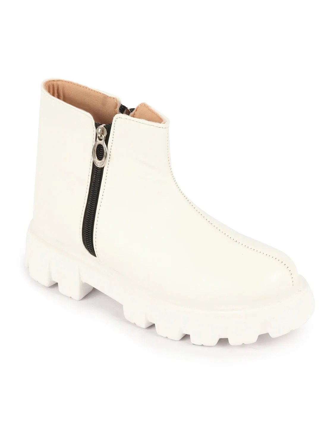 Women White Outdoor High Top Chunky Side Zipper Office Work Boots