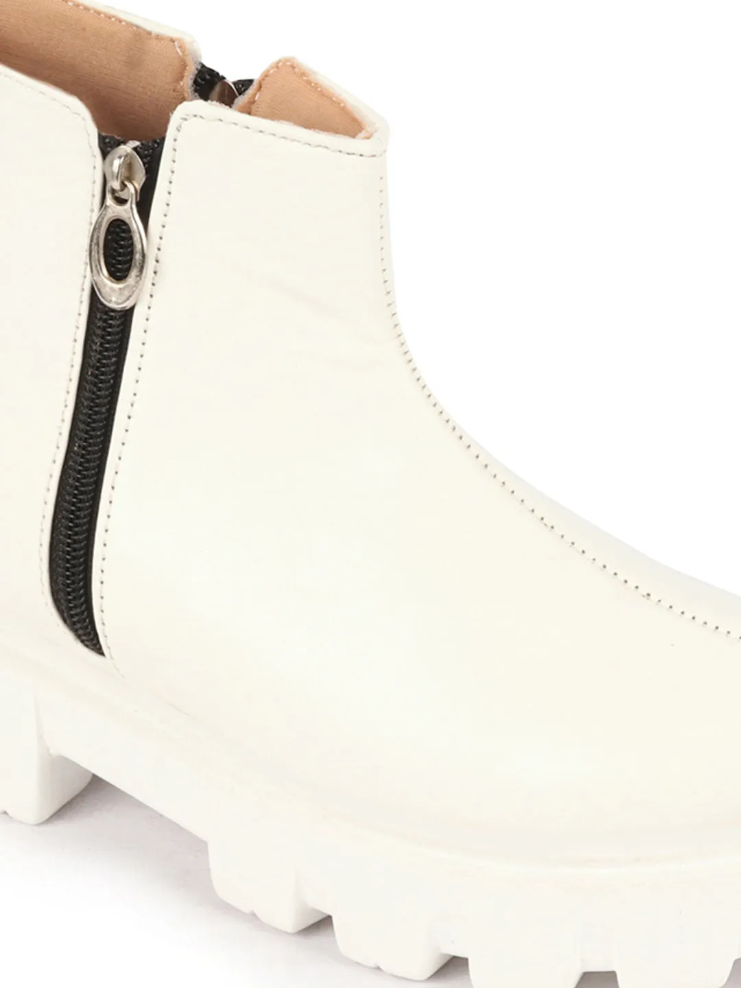 Women White Outdoor High Top Chunky Side Zipper Office Work Boots